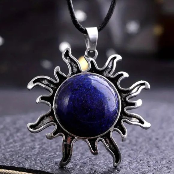 Lapis Lazuli Natural Stone Sun Shaped Pendant Necklace Healing Gemstone Pendant - Picture 1 of 4